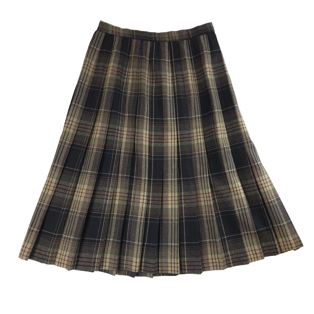 VTG 70s Pleated Plaid Wool Midi Skirt Dark Academia Preppy Cottage 90s Grunge